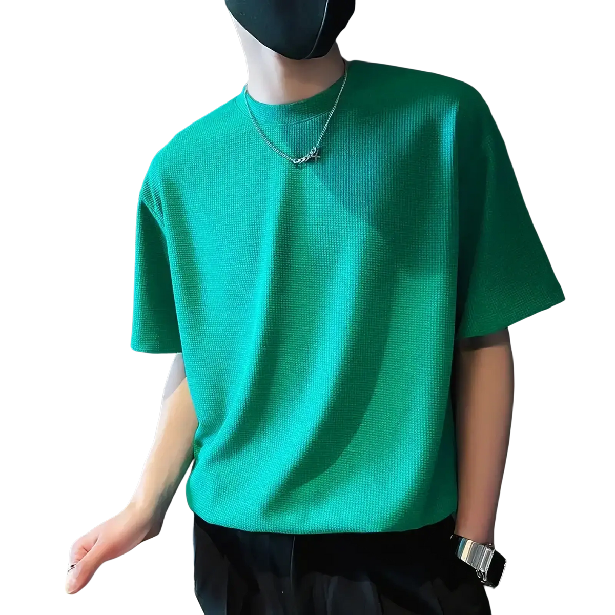 Vibrant green men ribbed knit crew neck t shirt with short sleeves made of soft breathable fabric