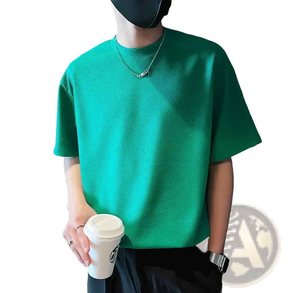 Men ribbed knit crew neck t shirt in vibrant green with short sleeves and ribbed texture for casual wear