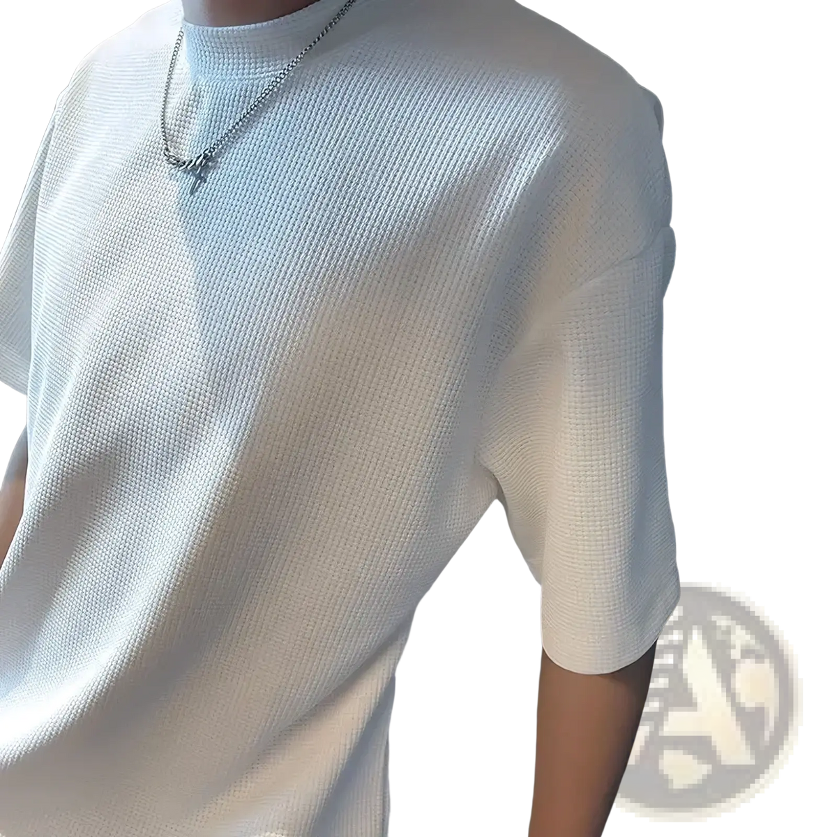 Men ribbed knit crew neck t shirt in white with short sleeves and a ribbed texture made from knit fabric