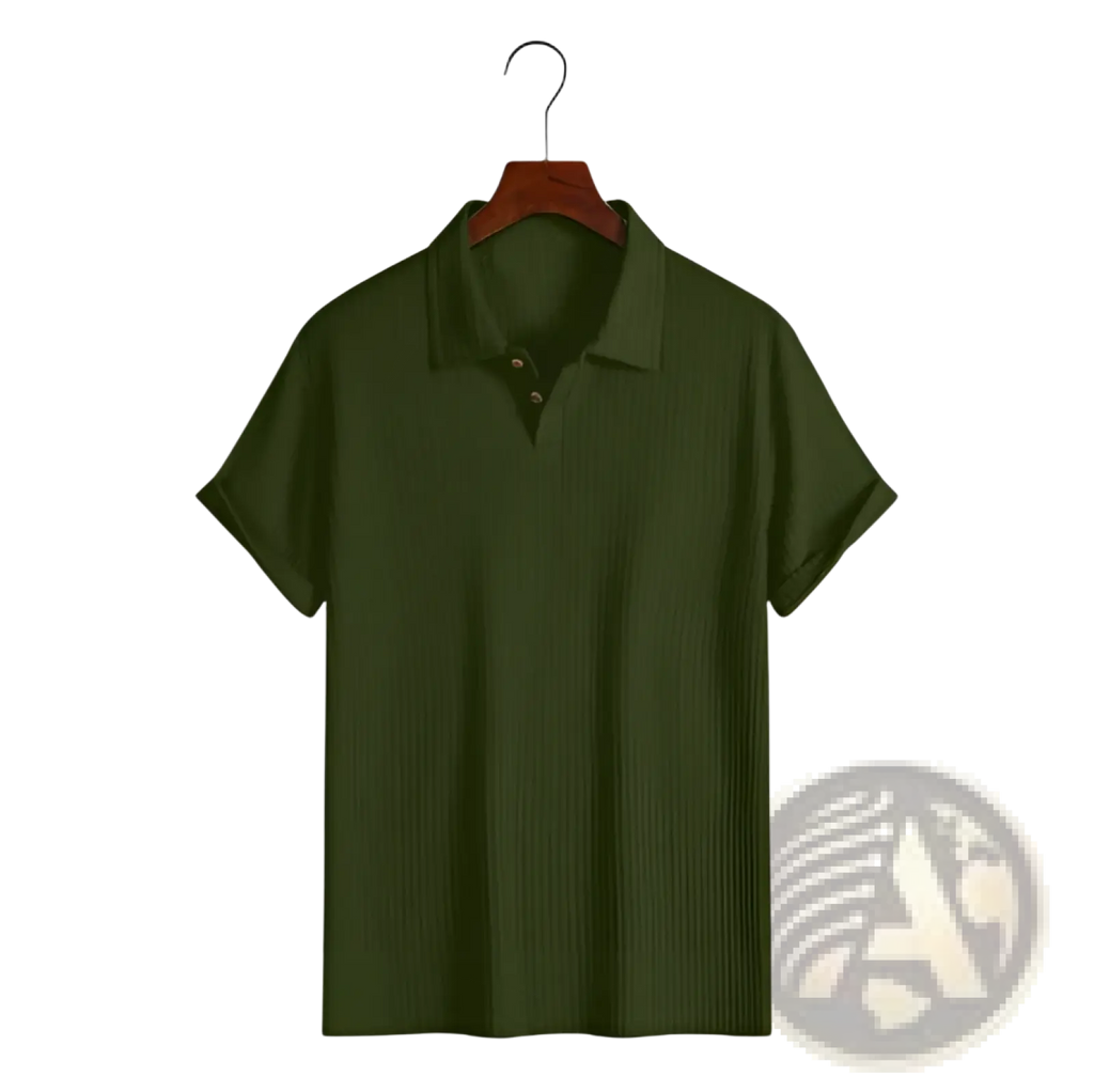 Dark green ribbed knit polo shirt for men with a classic collar and short sleeves in a lightweight fabric