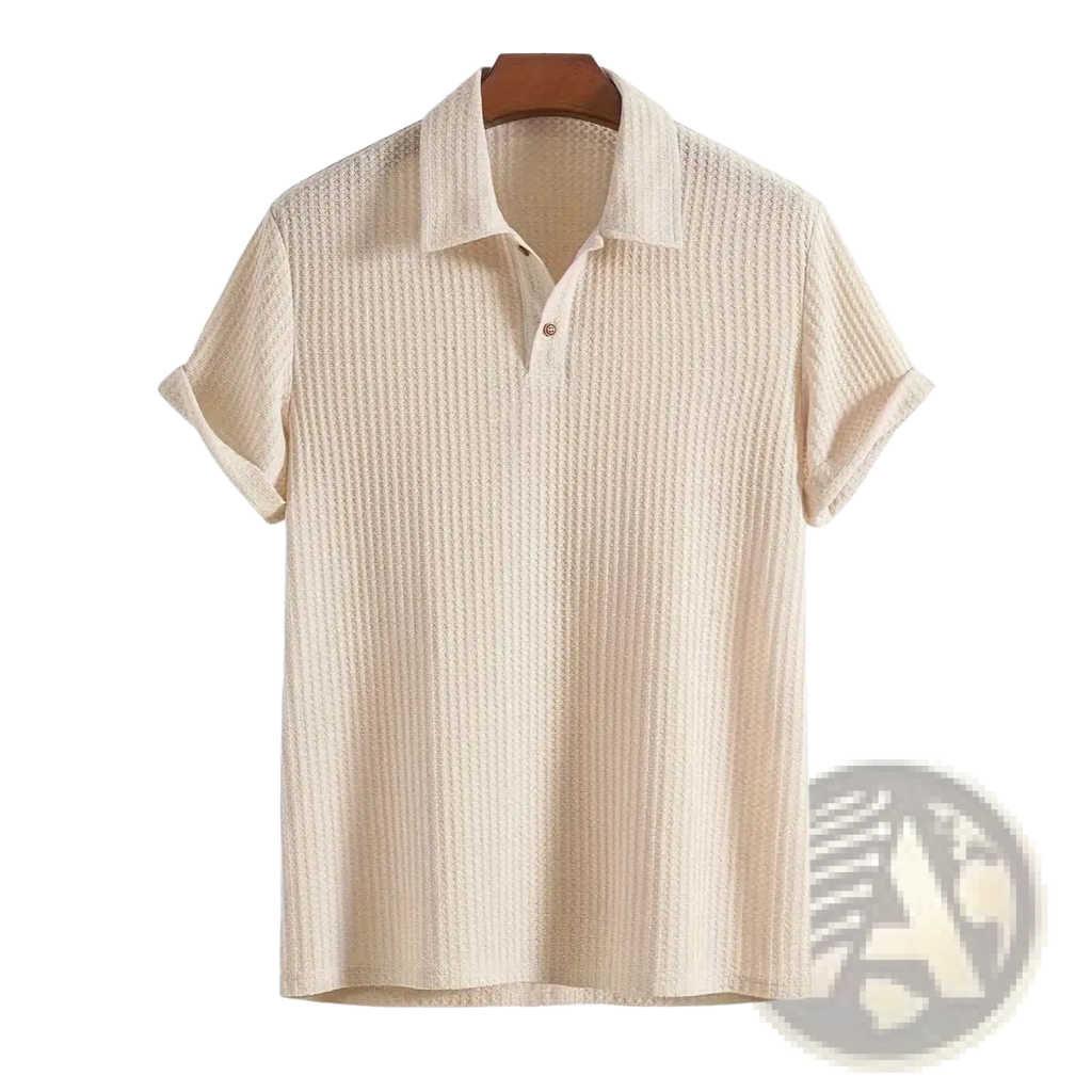 Beige ribbed knit short-sleeve polo shirt for men with collar and two-button placket in soft breathable fabric