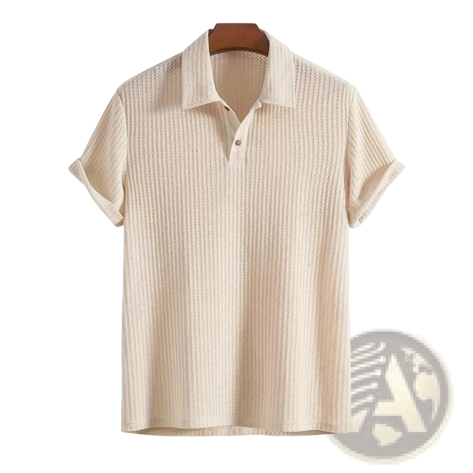 Beige ribbed knit short-sleeve polo shirt for men with collar and two-button placket in soft breathable fabric