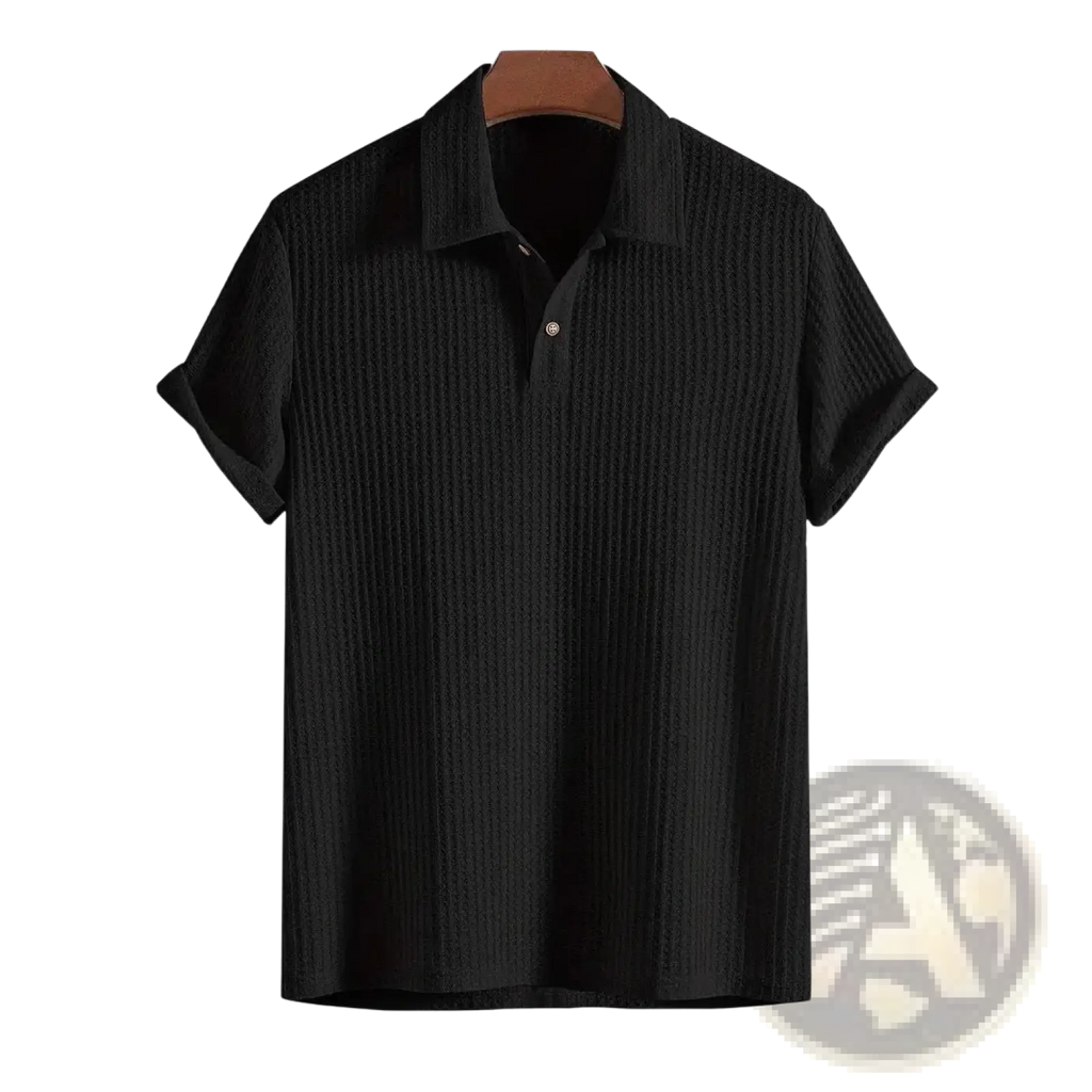 Black ribbed knit polo shirt with classic collar and short sleeves for men in soft breathable fabric
