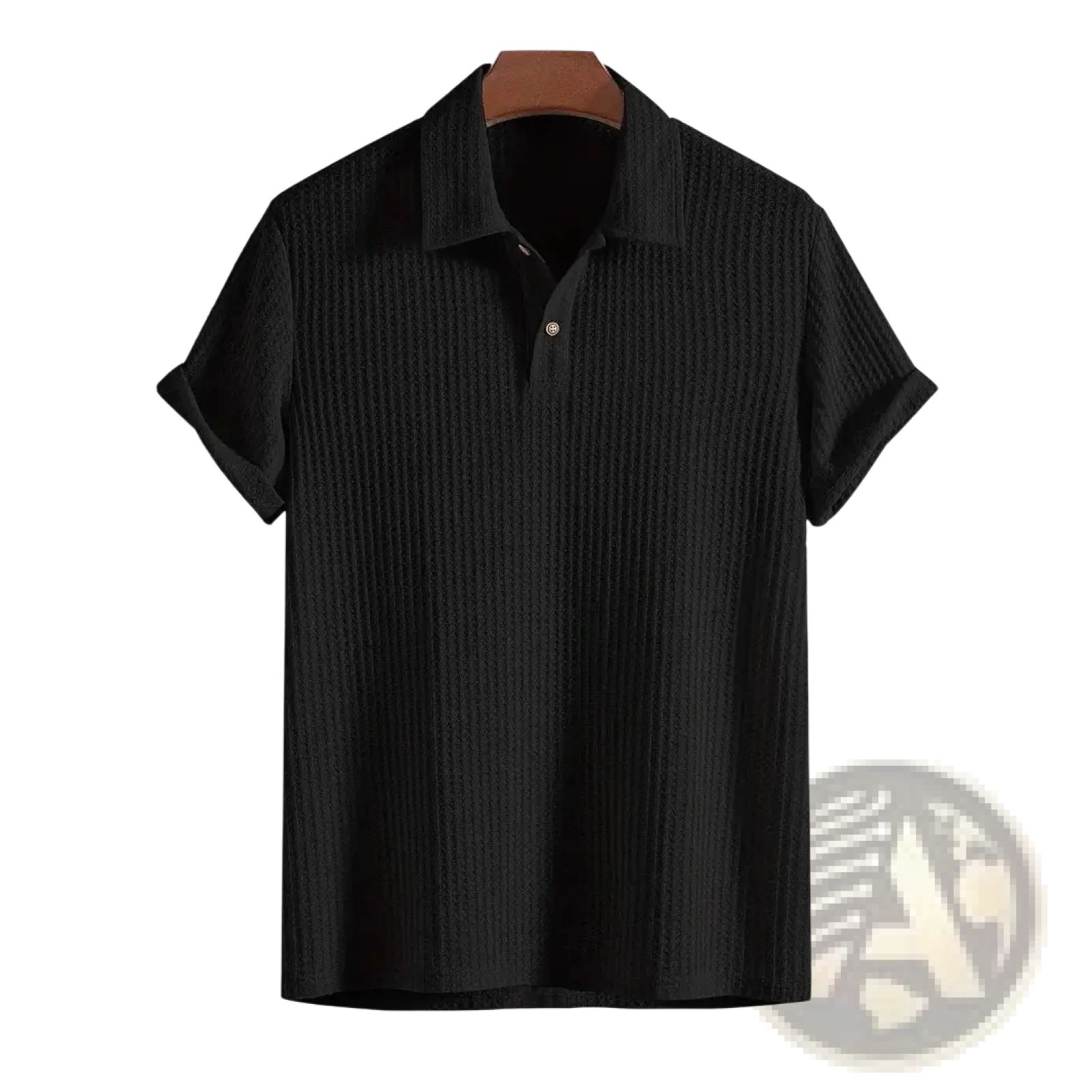 Black ribbed knit polo shirt with classic collar and short sleeves for men in soft breathable fabric