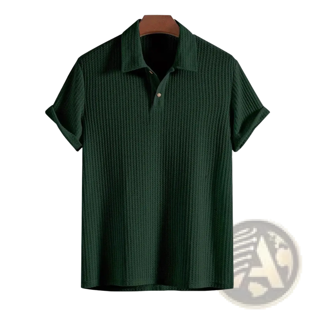 Dark green ribbed knit polo shirt for men with classic collar and short sleeves in a soft knit fabric