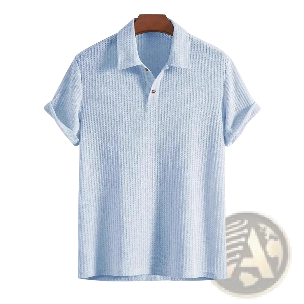 Men ribbed knit polo shirt short sleeve in light blue with ribbed texture and two-button placket