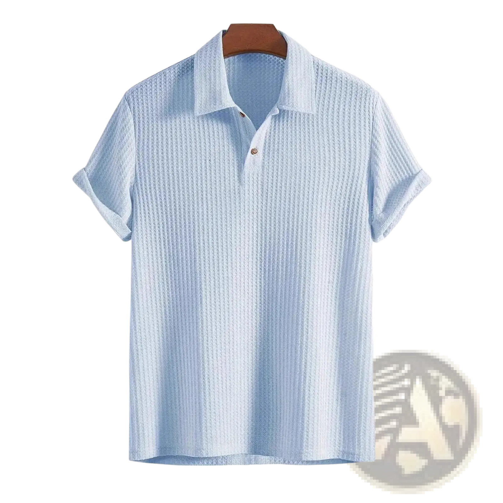 Men ribbed knit polo shirt short sleeve in light blue with ribbed texture and two-button placket