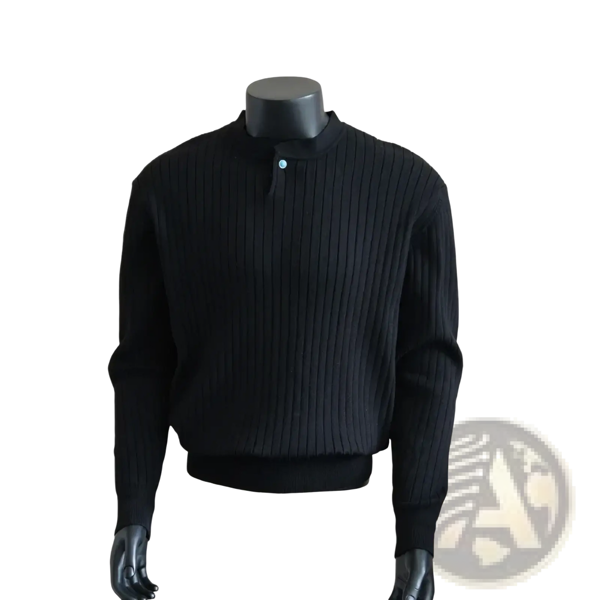 Men ribbed knit sweater in black with stand collar and single button at neckline for casual wear