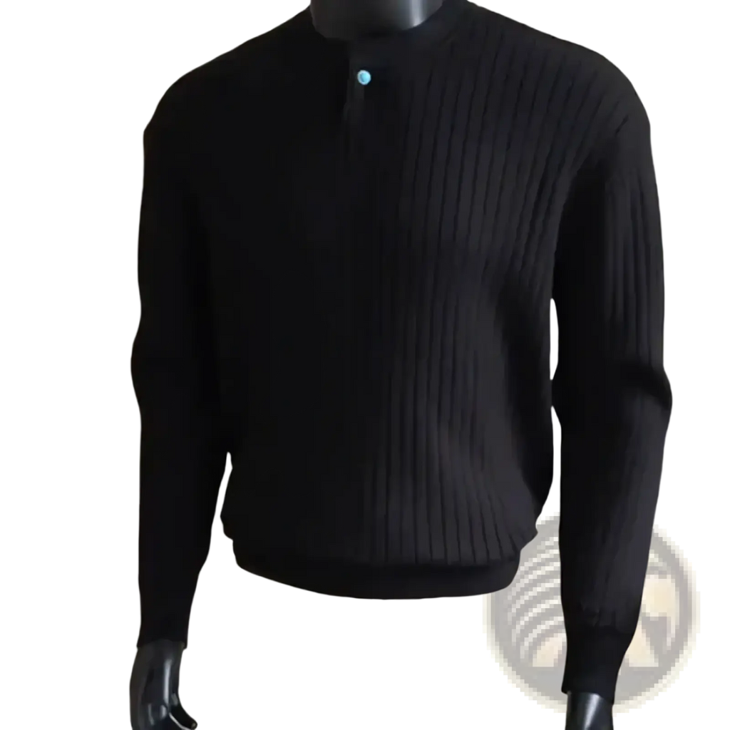 Men ribbed knit black sweater with stand collar and a single turquoise button for casual wear pullover