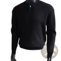 Men ribbed knit black sweater with stand collar and a single turquoise button for casual wear pullover