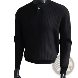 Men ribbed knit black sweater with stand collar and a single turquoise button for casual wear pullover