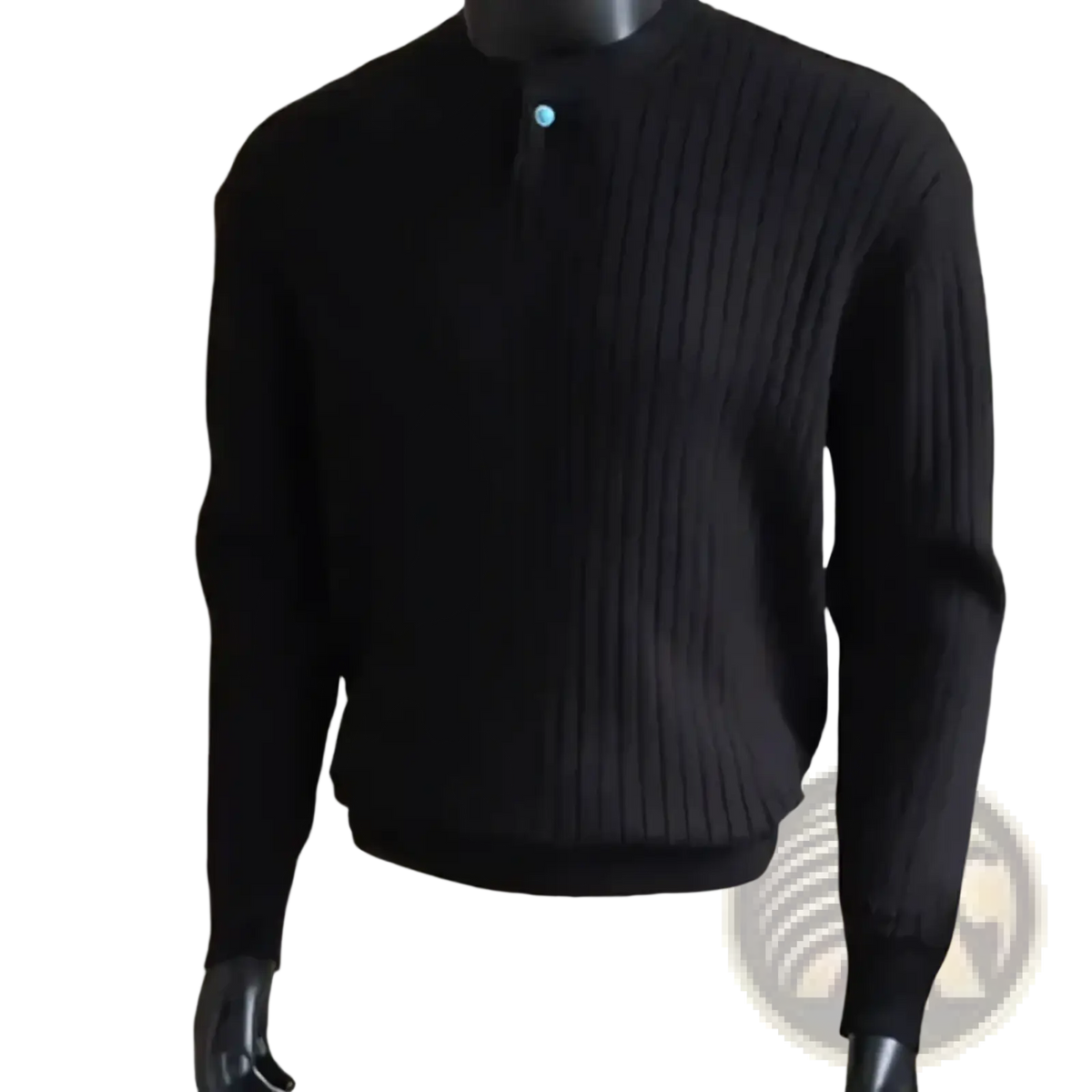 Men ribbed knit black sweater with stand collar and a single turquoise button for casual wear pullover