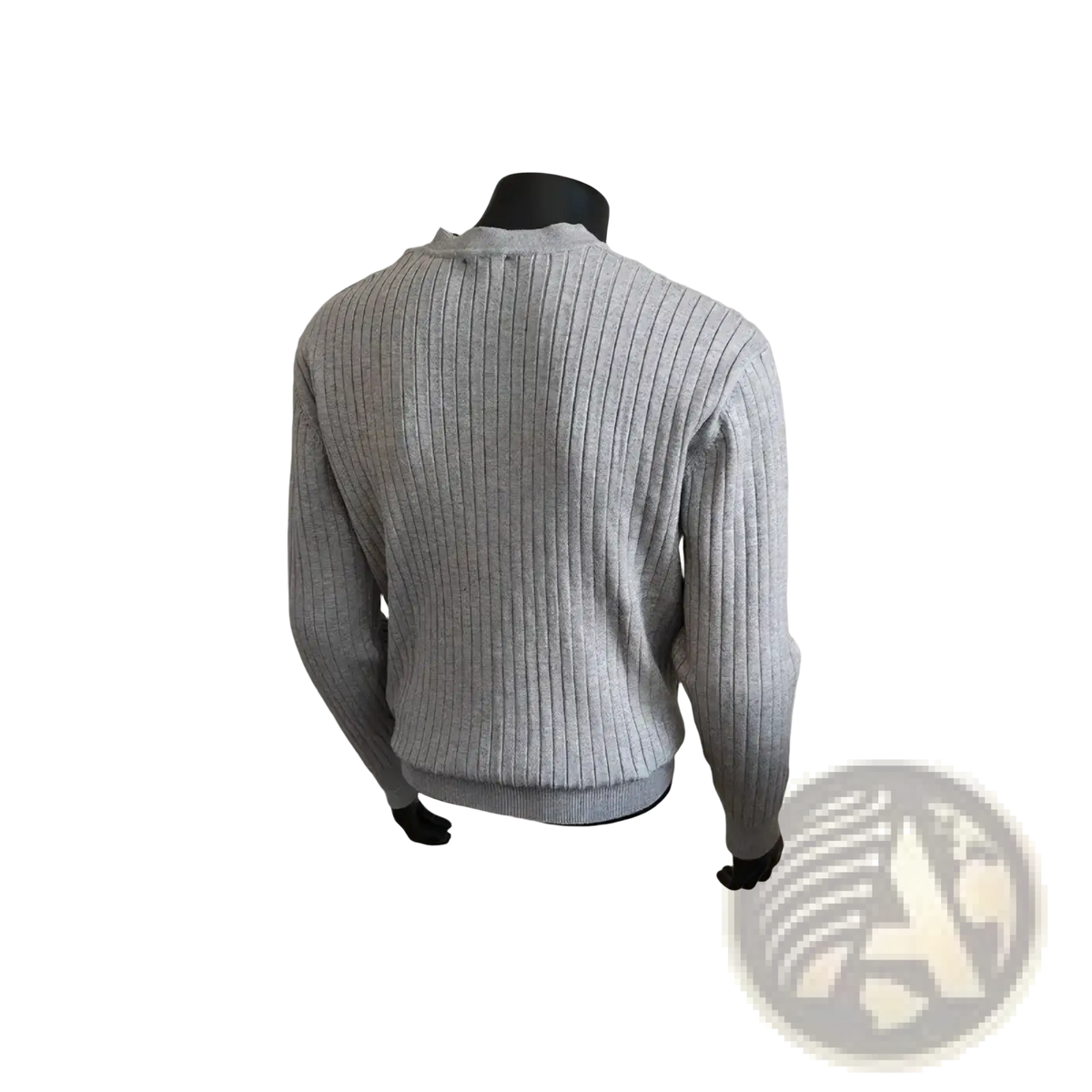 Gray men ribbed knit sweater with stand collar displayed on a mannequin casual pullover made of knit fabric
