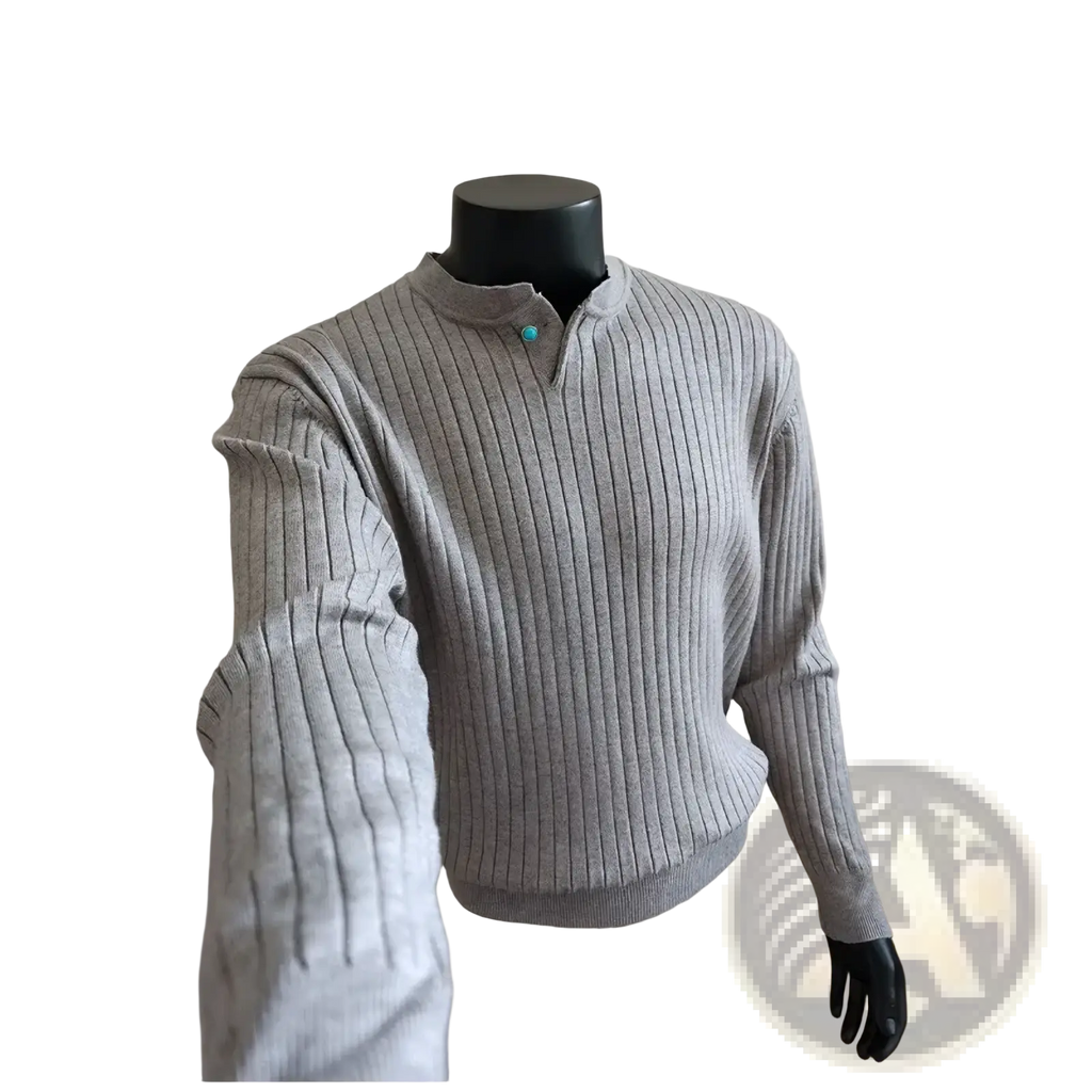 Men ribbed knit gray sweater with stand collar and single turquoise button casual pullover design