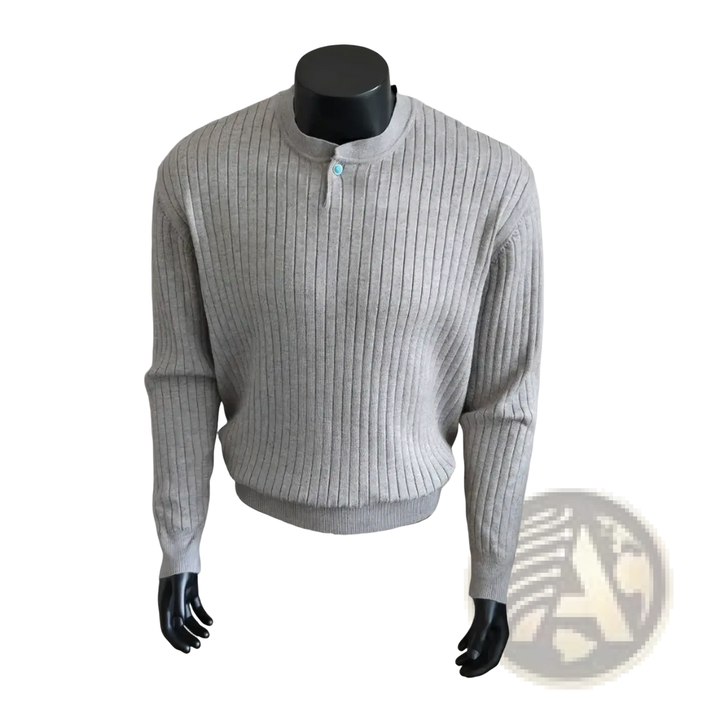 Men ribbed knit sweater in light gray with stand collar and single turquoise button casual pullover design