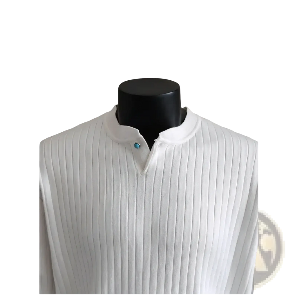 Men ribbed knit sweater in white with a stand collar and a turquoise button for casual wear
