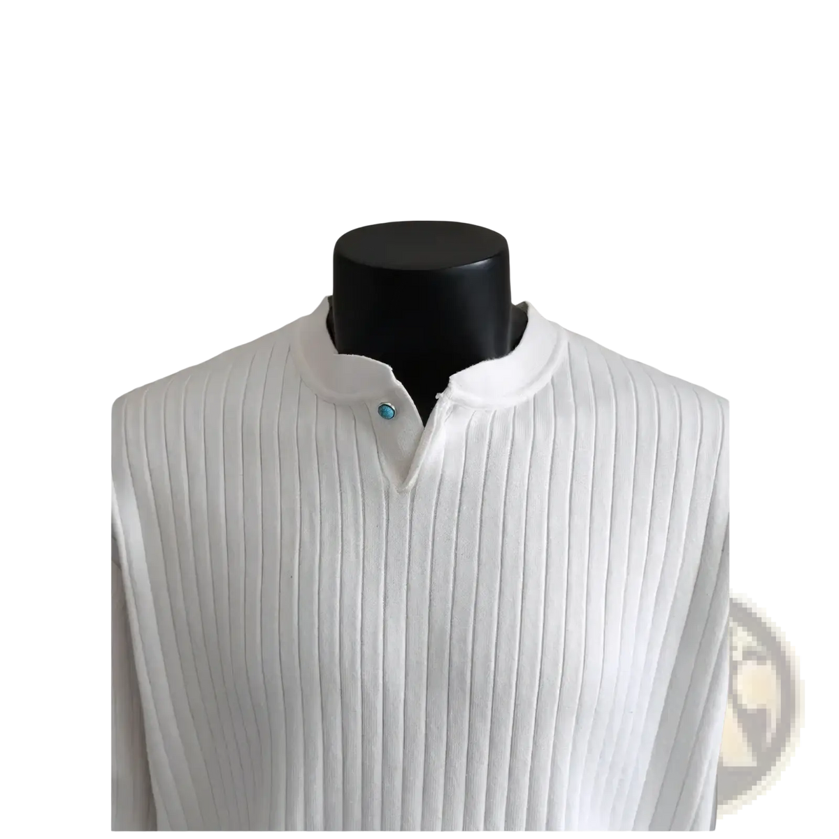 Men ribbed knit sweater in white with a stand collar and a turquoise button for casual wear