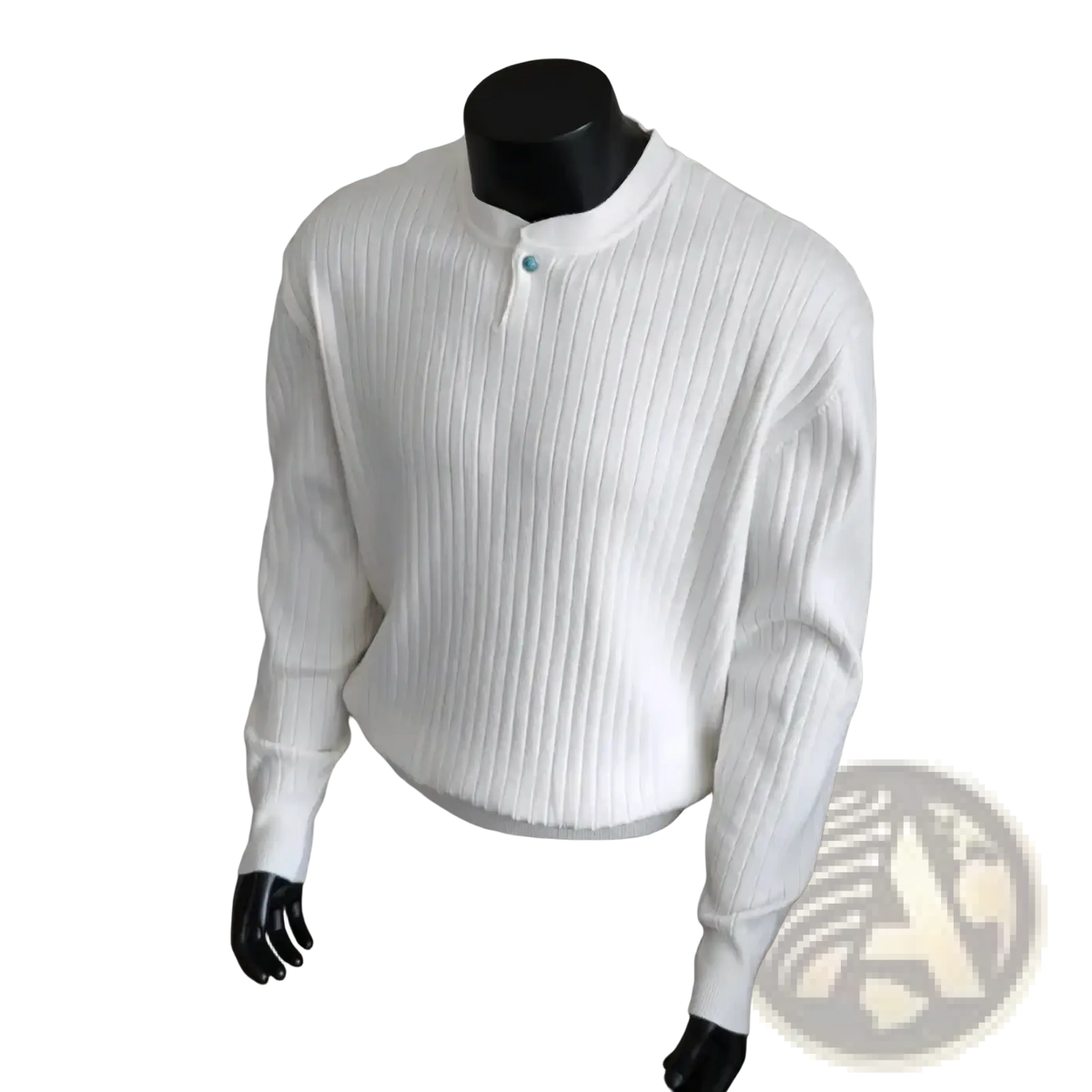 Men ribbed knit sweater in white with stand collar and turquoise button casual pullover made of textured fabric