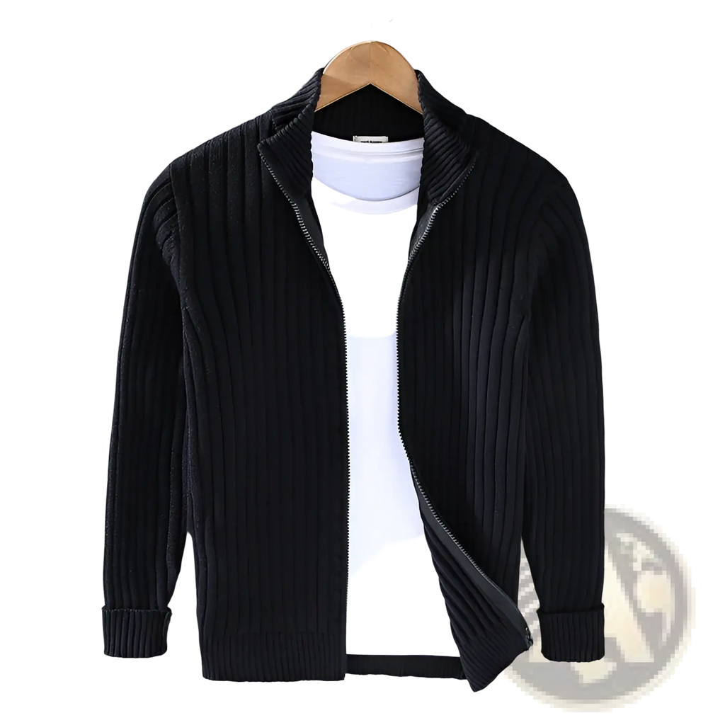 Men ribbed knit zip up cardigan sweater coat in black hanging on a wooden hanger showing the front side