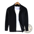 Men ribbed knit zip up cardigan sweater coat in black hanging on a wooden hanger showing the front side