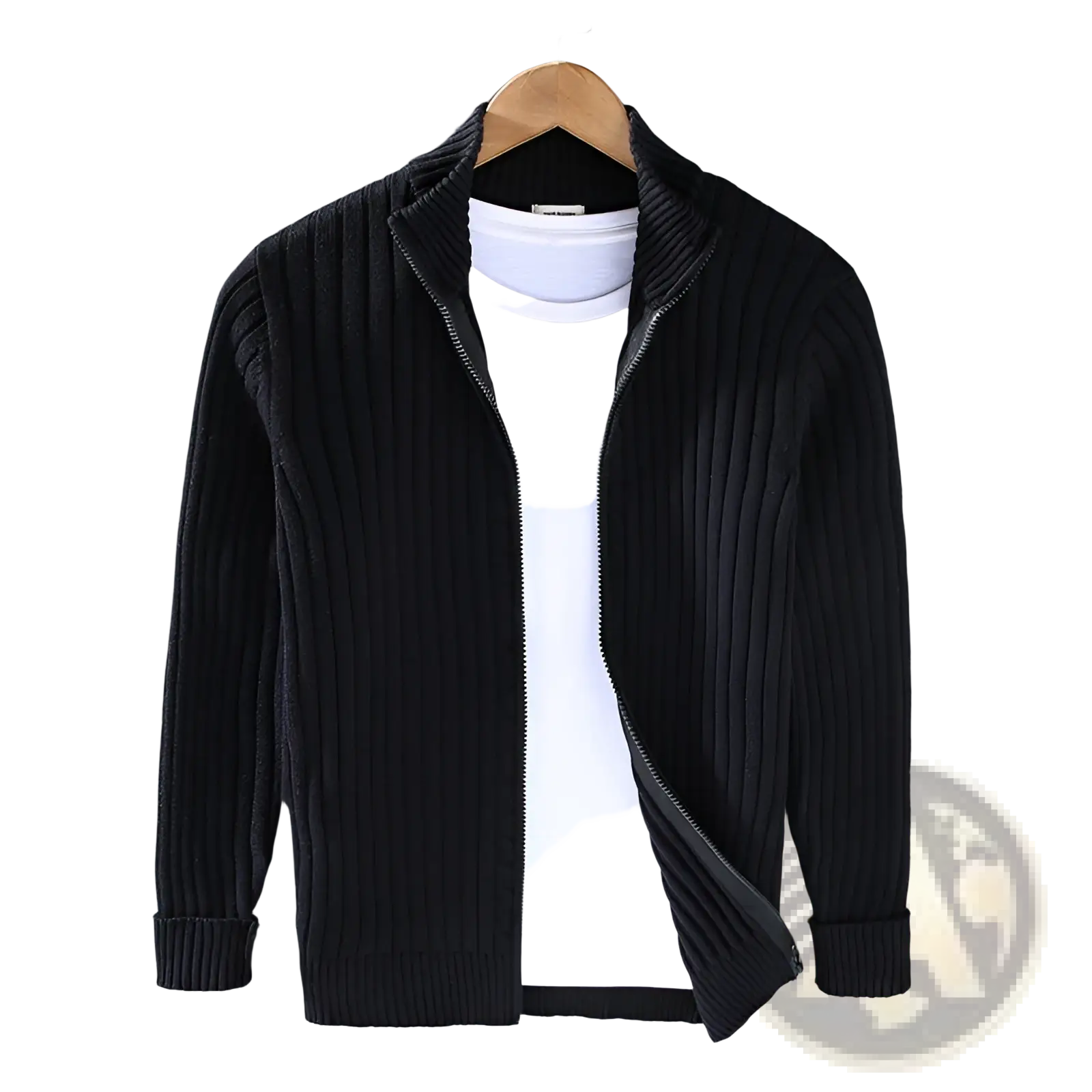 Men ribbed knit zip up cardigan sweater coat in black hanging on a wooden hanger showing the front side