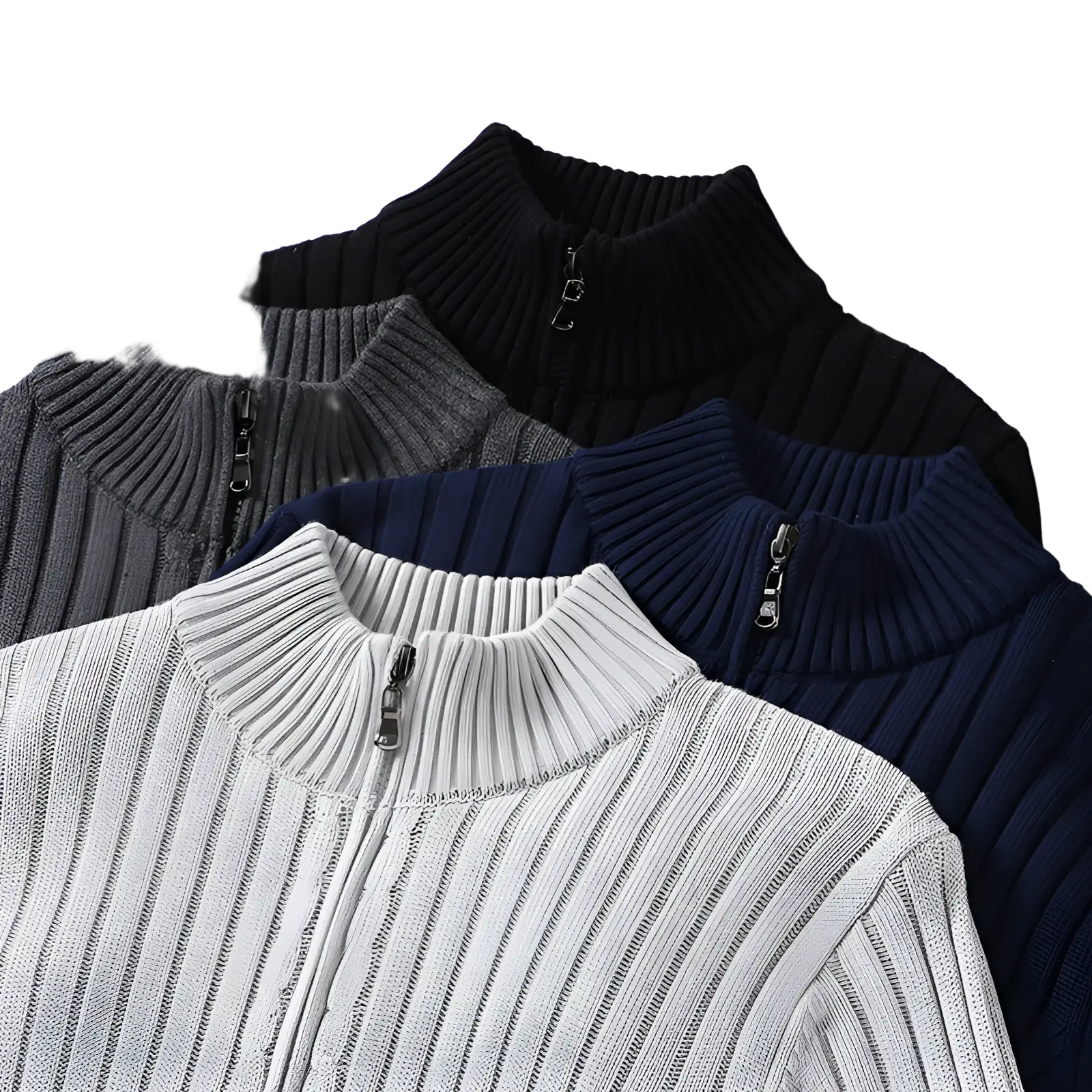 Men ribbed knit zip up cardigan sweaters in black gray navy blue and light gray with vertical stripes and ribbed texture