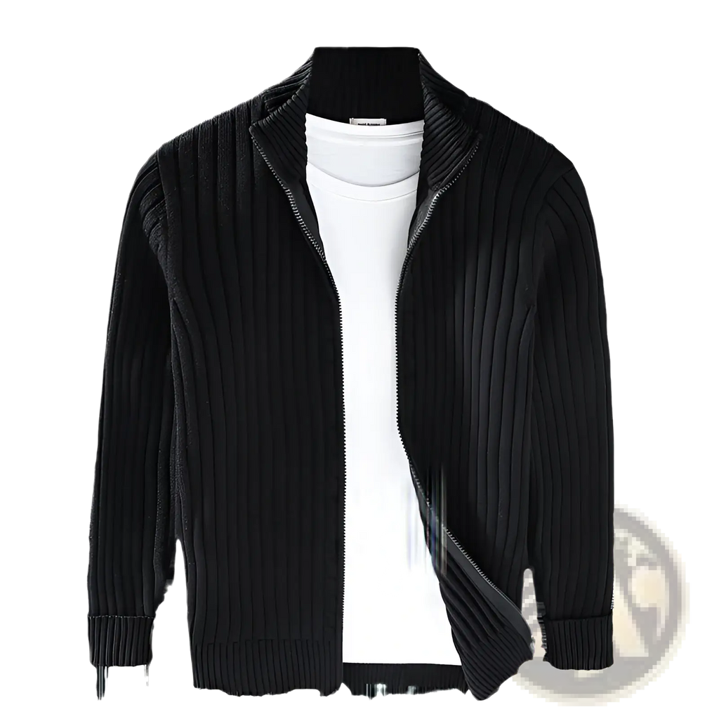 Black ribbed knit zip-up cardigan sweater coat with stand collar worn over a white t-shirt for men