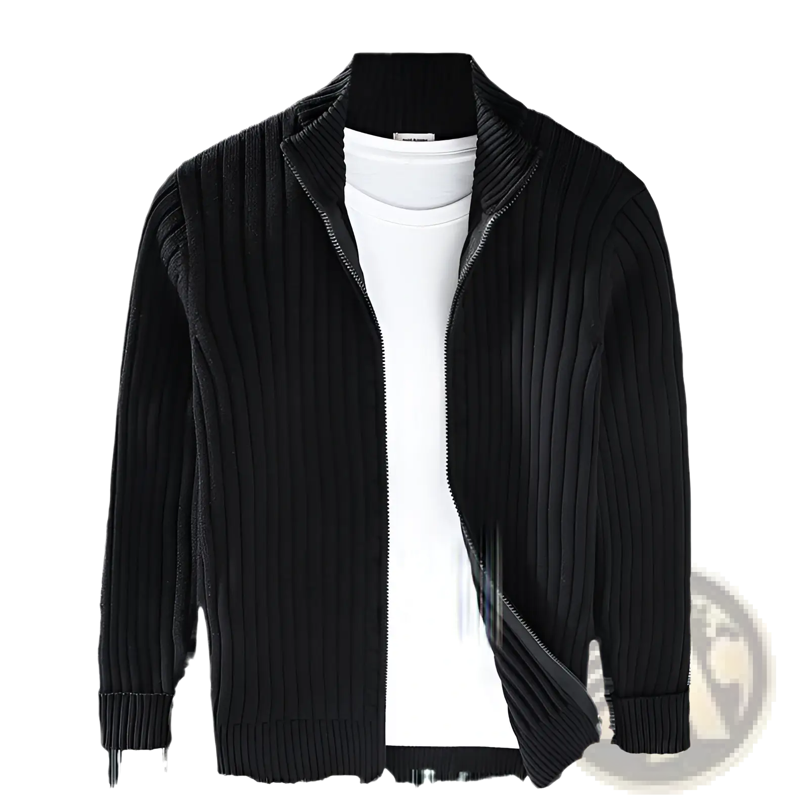 Black ribbed knit zip-up cardigan sweater coat with stand collar worn over a white t-shirt for men