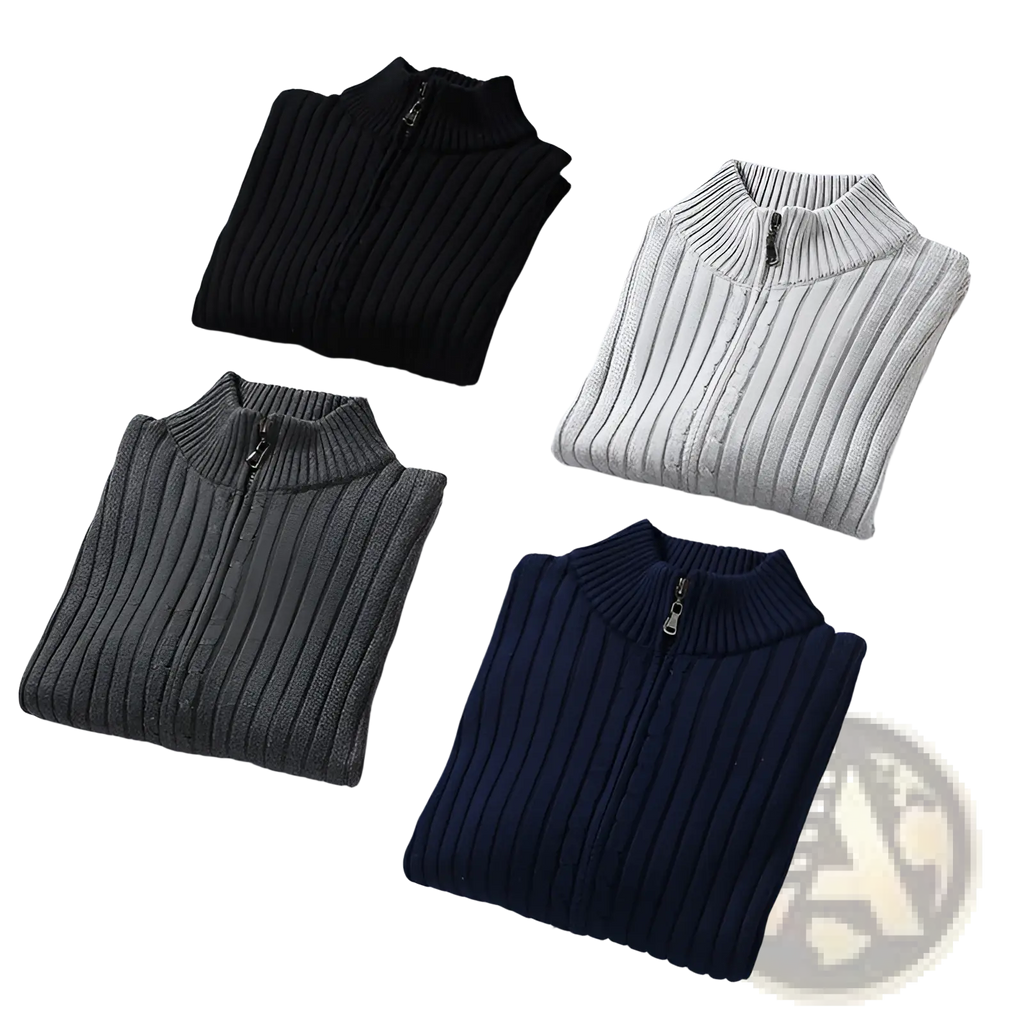 Four neatly folded men ribbed knit zip up cardigan sweaters in black gray beige and navy blue made of knit material