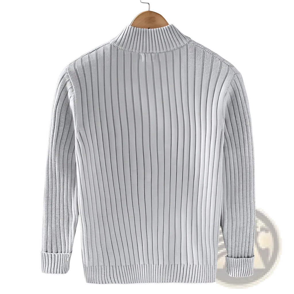 Men ribbed knit zip up cardigan sweater coat in light gray with high collar and cuffed sleeves on wooden hanger