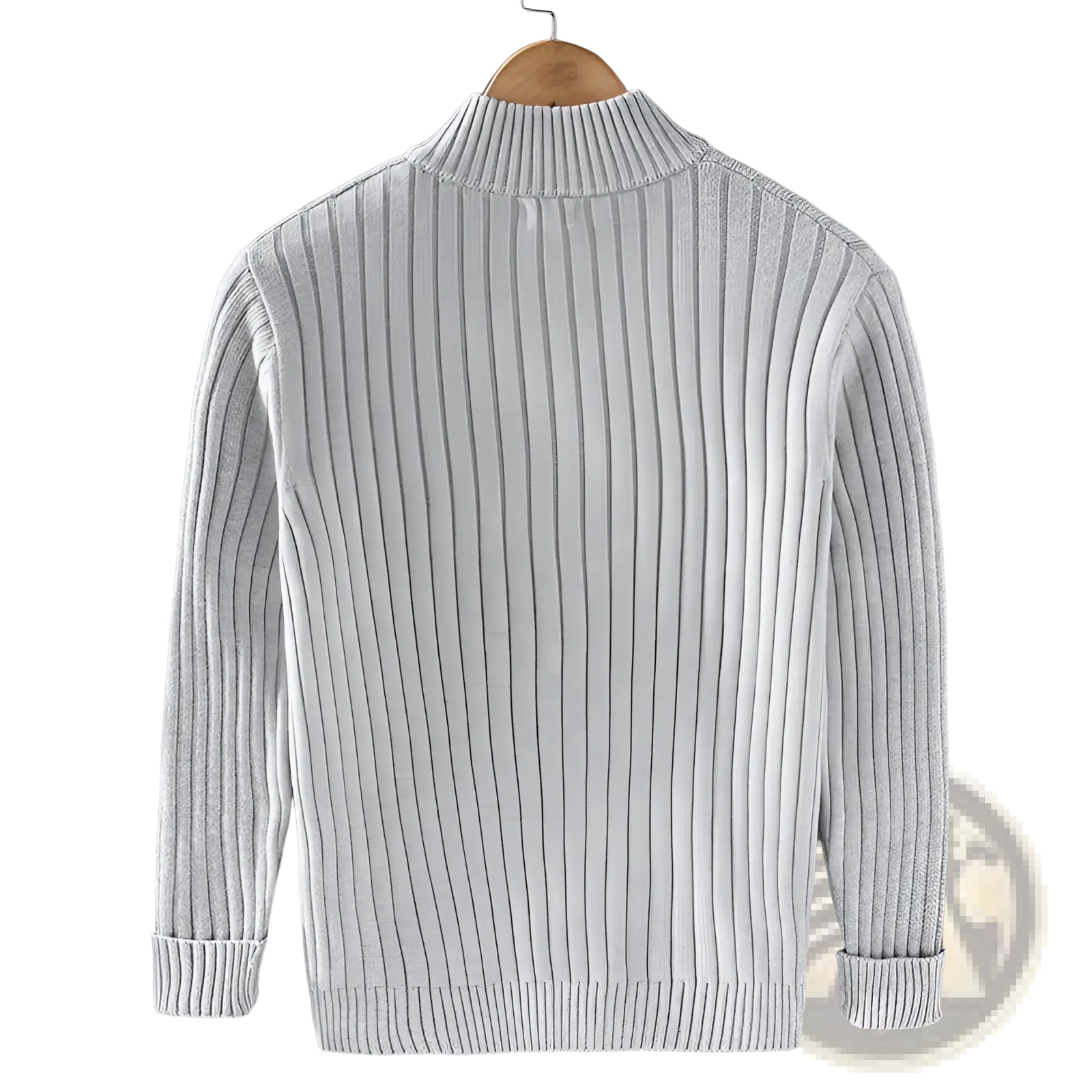 Men ribbed knit zip up cardigan sweater coat in light gray with high collar and cuffed sleeves on wooden hanger