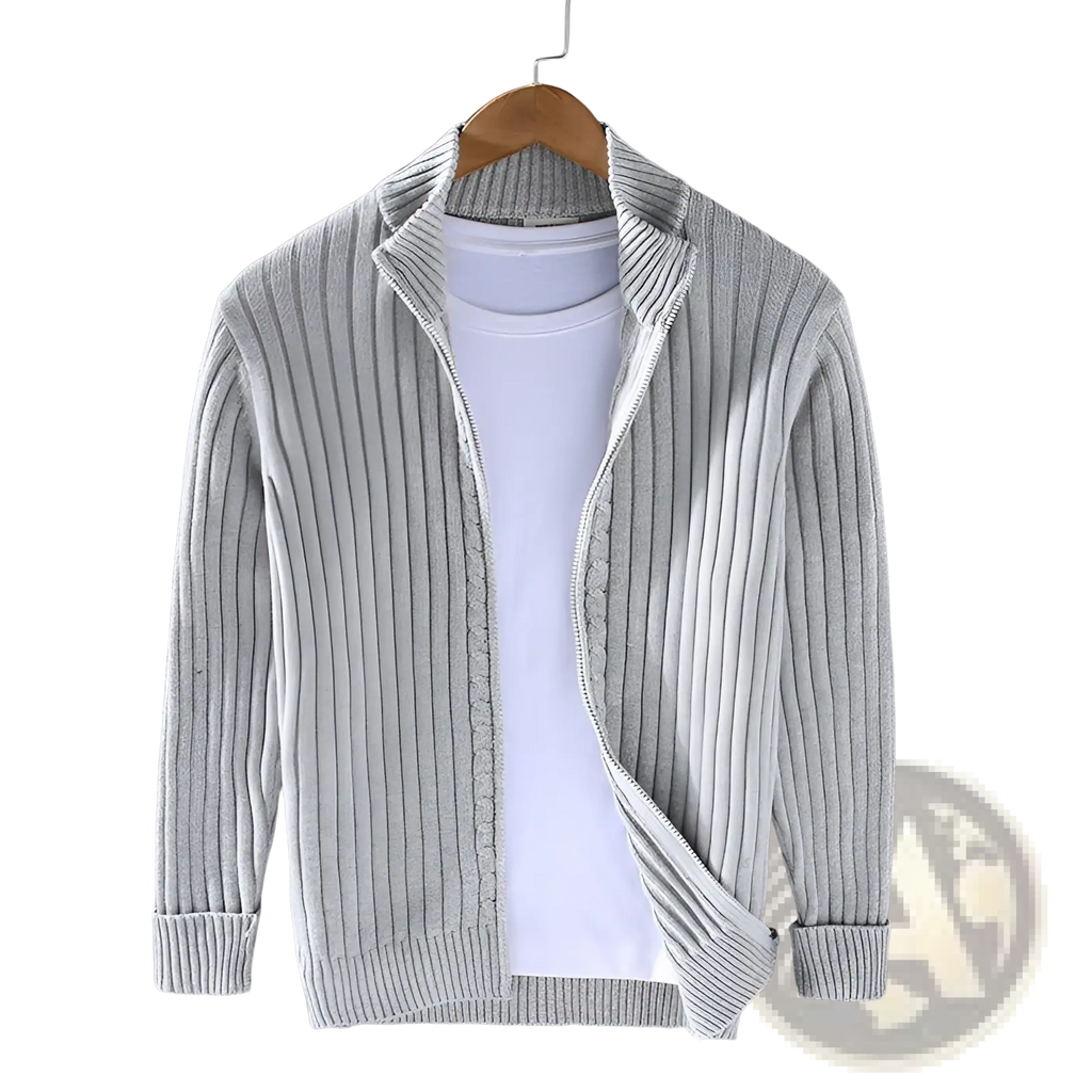 Men ribbed knit zip up cardigan sweater coat in light gray with high collar cuffed sleeves on wooden hanger