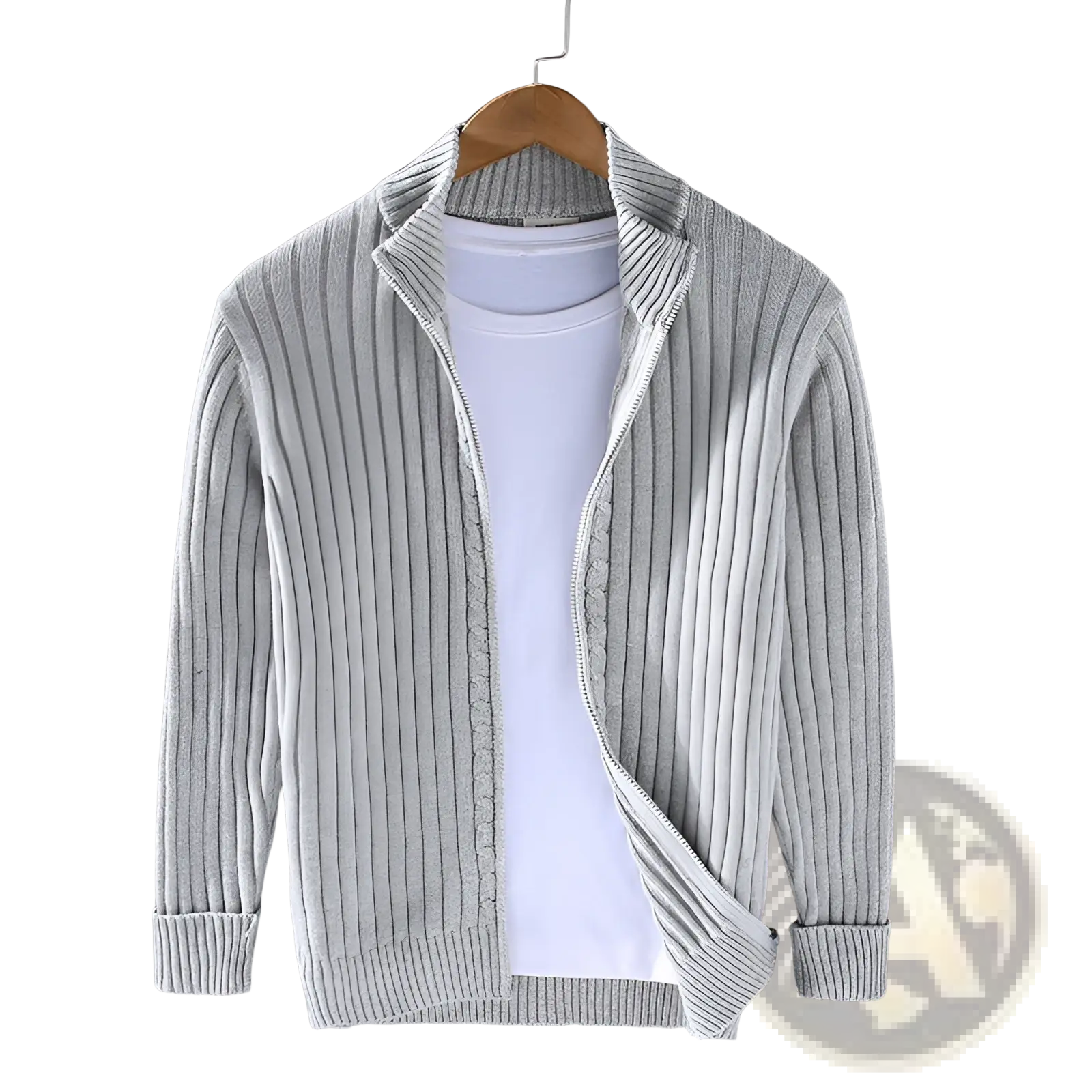 Men ribbed knit zip up cardigan sweater coat in light gray with high collar cuffed sleeves on wooden hanger
