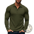 Men ribbed long sleeve polo shirt in olive green with vertical ribbed texture and black button placket
