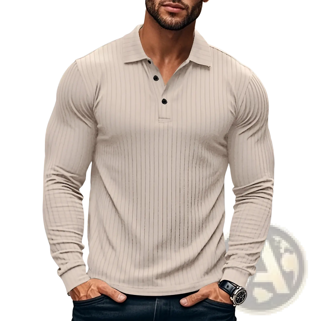 Beige ribbed long sleeve polo shirt for men with black buttons made from textured fabric for casual wear