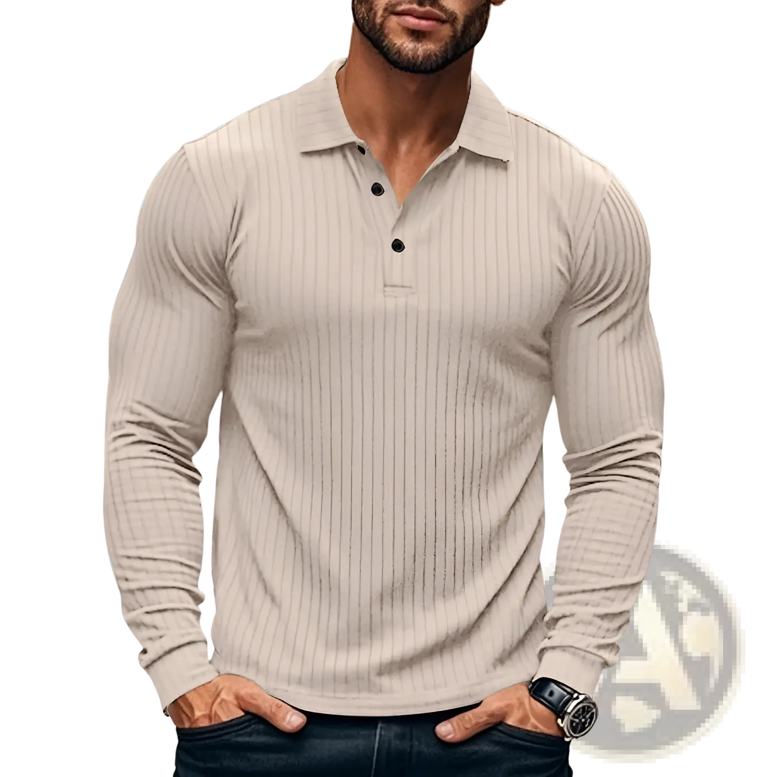 Beige ribbed long sleeve polo shirt for men with black buttons made from textured fabric for casual wear