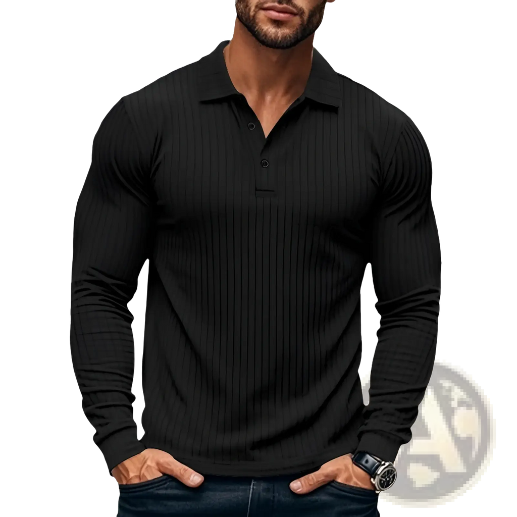 Men ribbed long sleeve polo shirt in black featuring a classic collar and button placket made from ribbed fabric