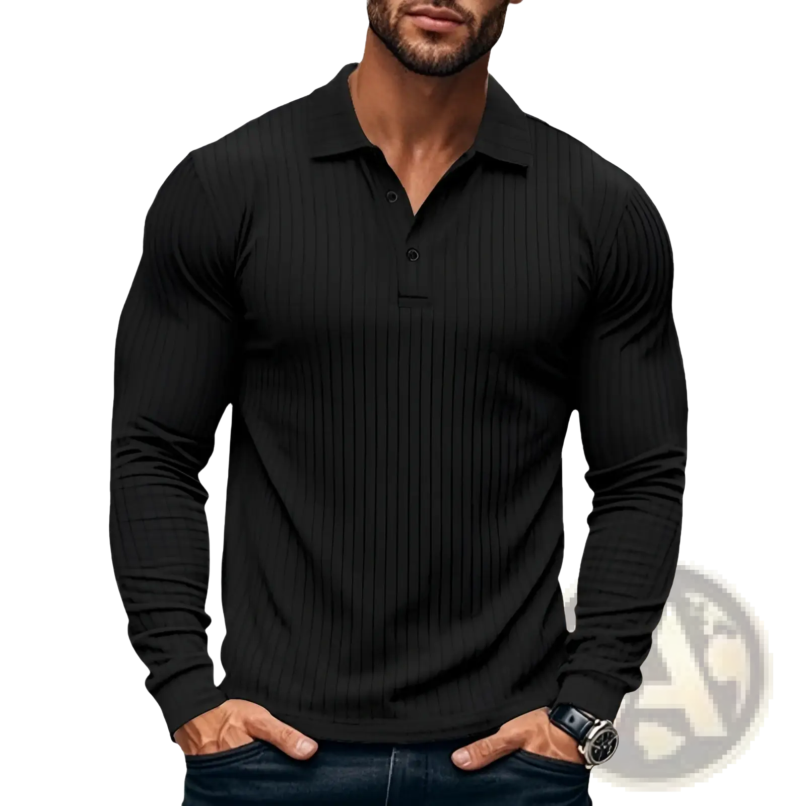 Men ribbed long sleeve polo shirt in black featuring a classic collar and button placket made from ribbed fabric