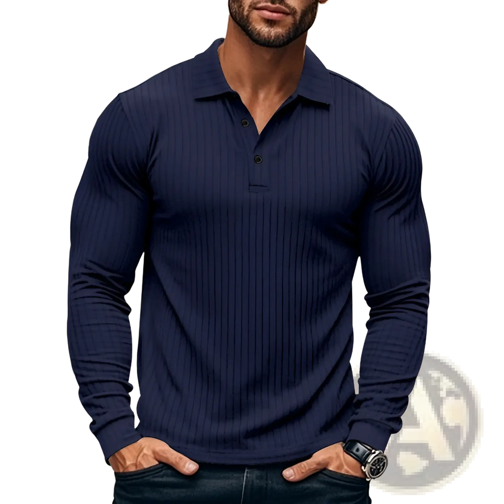 Men ribbed long sleeve polo shirt in navy blue featuring a ribbed texture ideal for casual and semi-formal wear