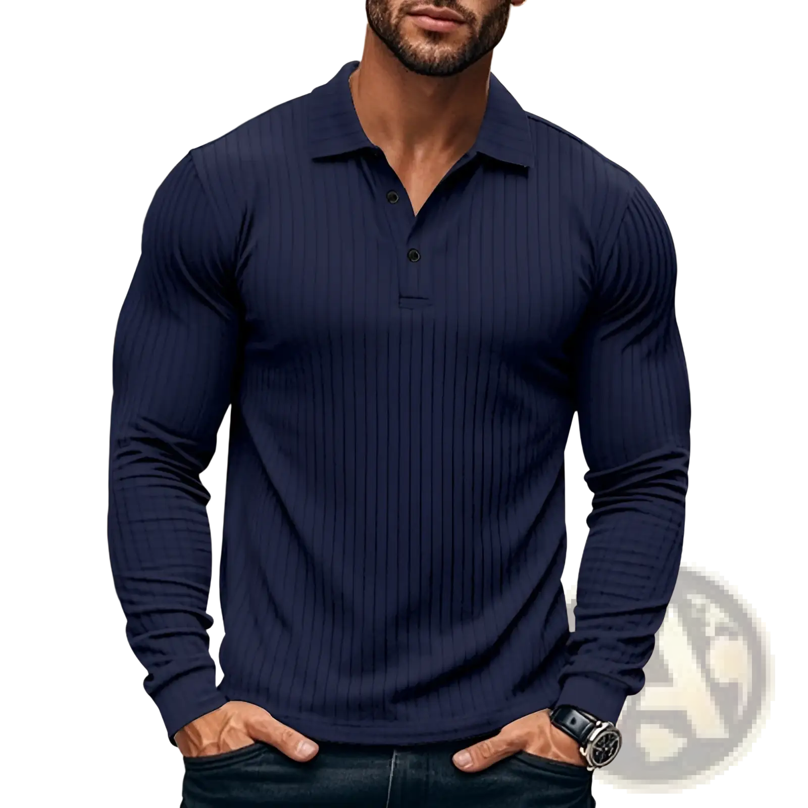 Men ribbed long sleeve polo shirt in navy blue featuring a ribbed texture ideal for casual and semi-formal wear