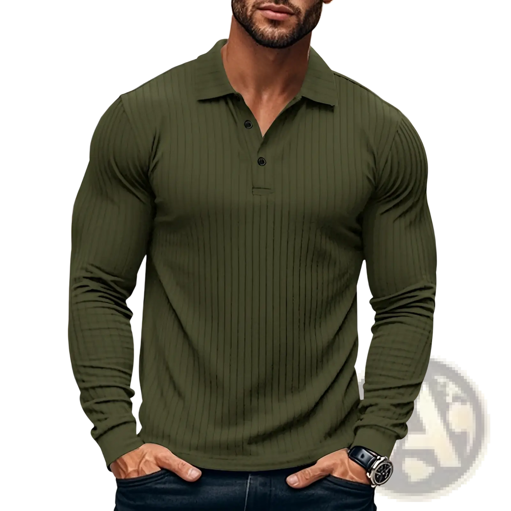 Men ribbed long sleeve polo shirt in olive green with classic collar and three-button placket made of ribbed fabric