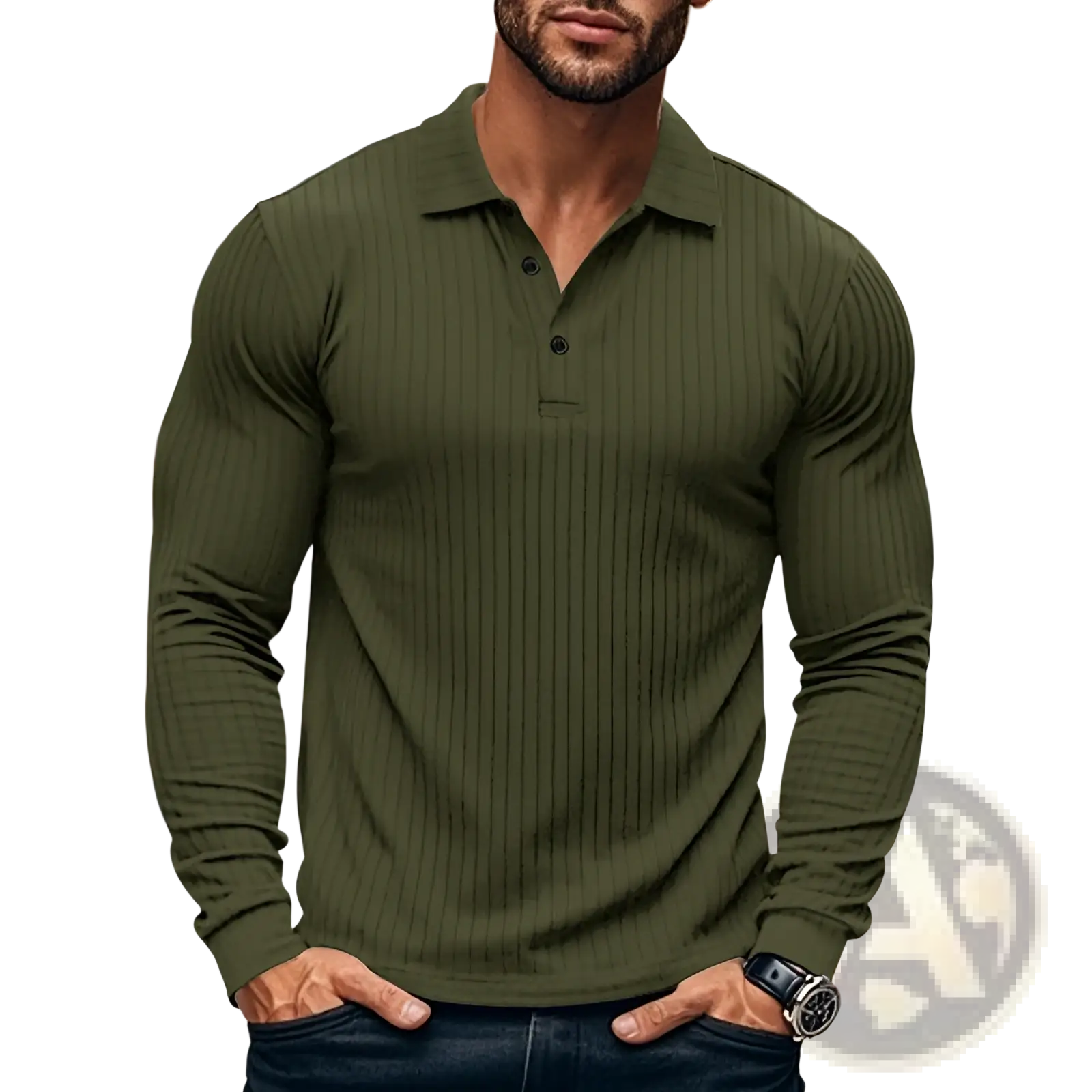 Men ribbed long sleeve polo shirt in olive green with classic collar and three-button placket made of ribbed fabric