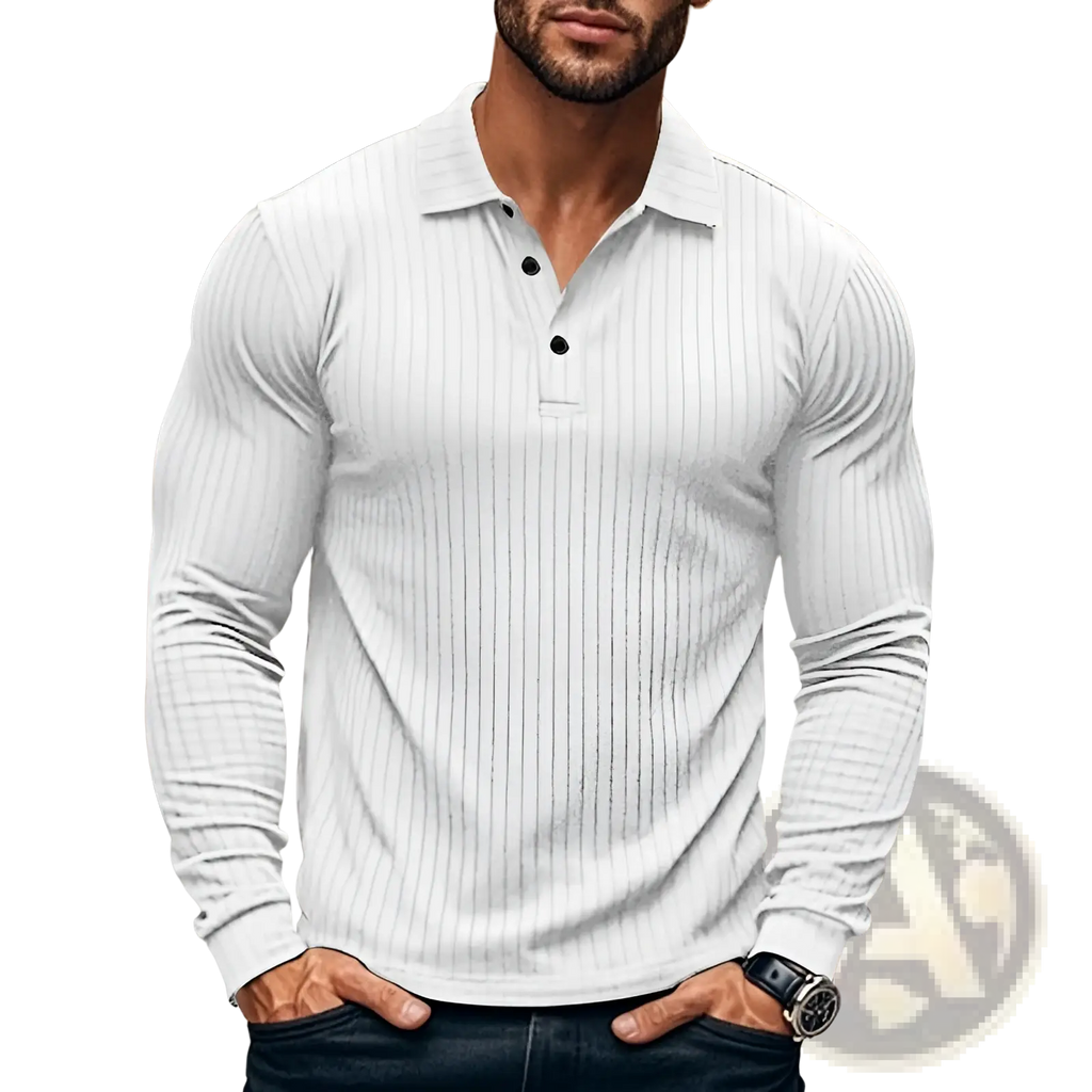 Men ribbed white long sleeve polo shirt with subtle vertical pinstripes and black button closures