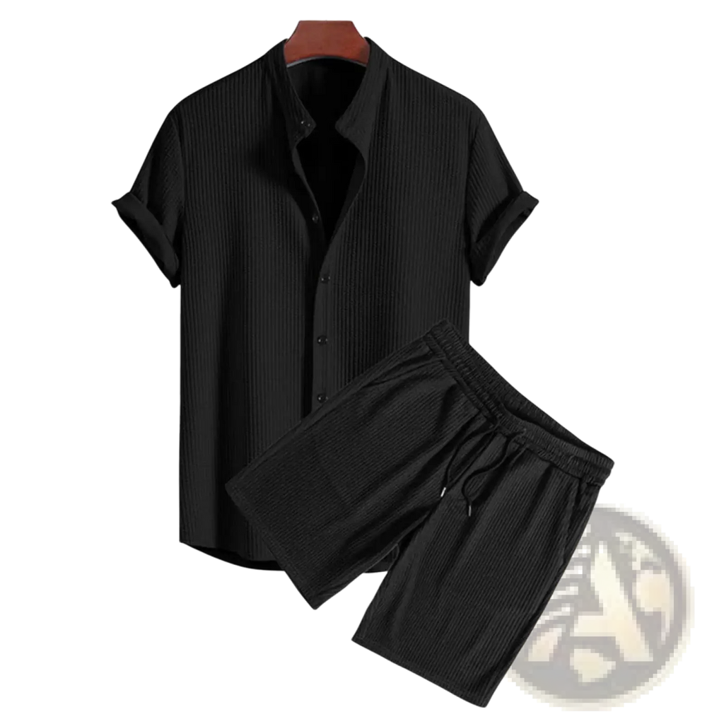 Men ribbed matching short set in black featuring a subtle vertical ribbed texture with short-sleeved button-up shirt and shorts