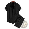 Men ribbed matching short set in black featuring a subtle vertical ribbed texture with short-sleeved button-up shirt and shorts