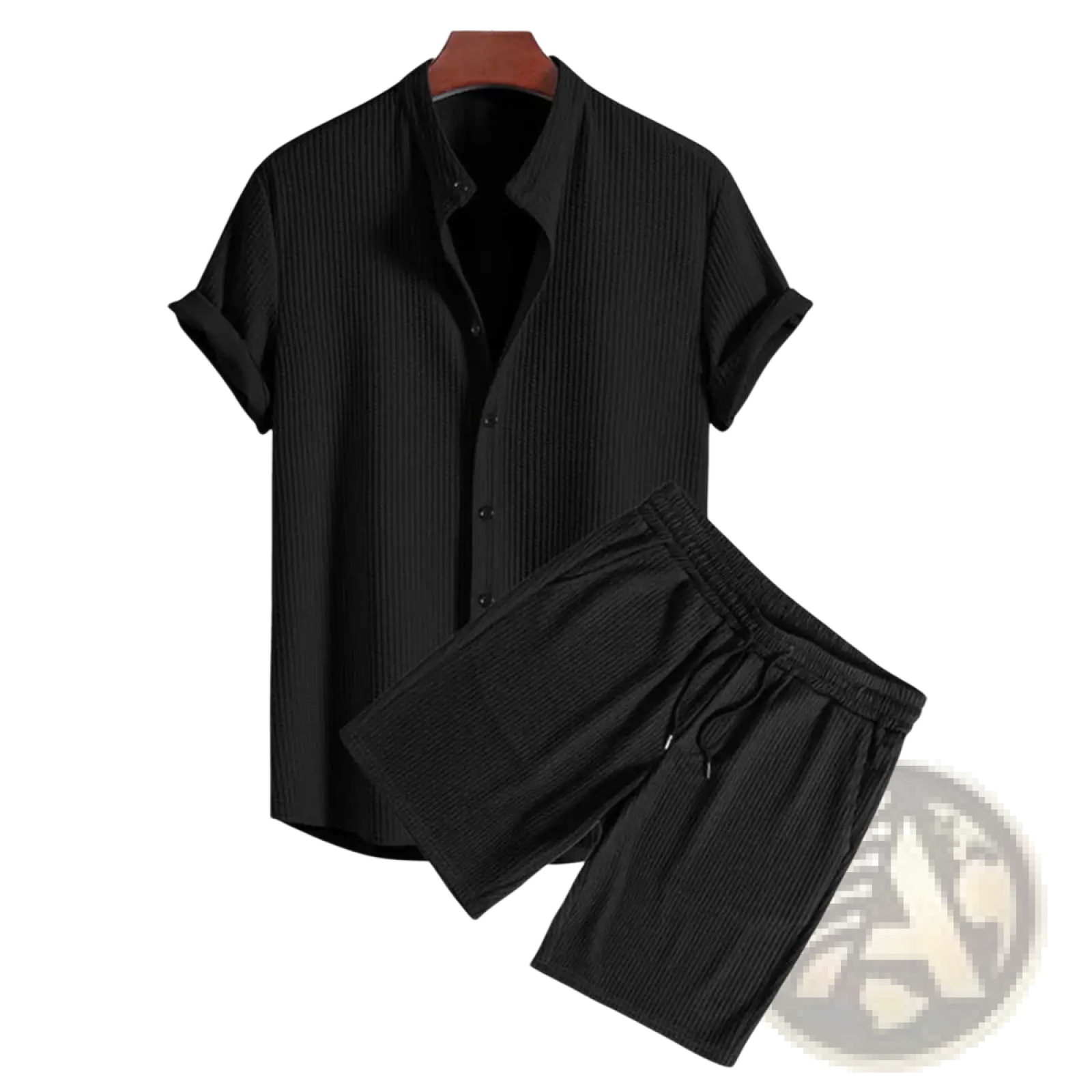 Men ribbed matching short set in black featuring a subtle vertical ribbed texture with short-sleeved button-up shirt and shorts
