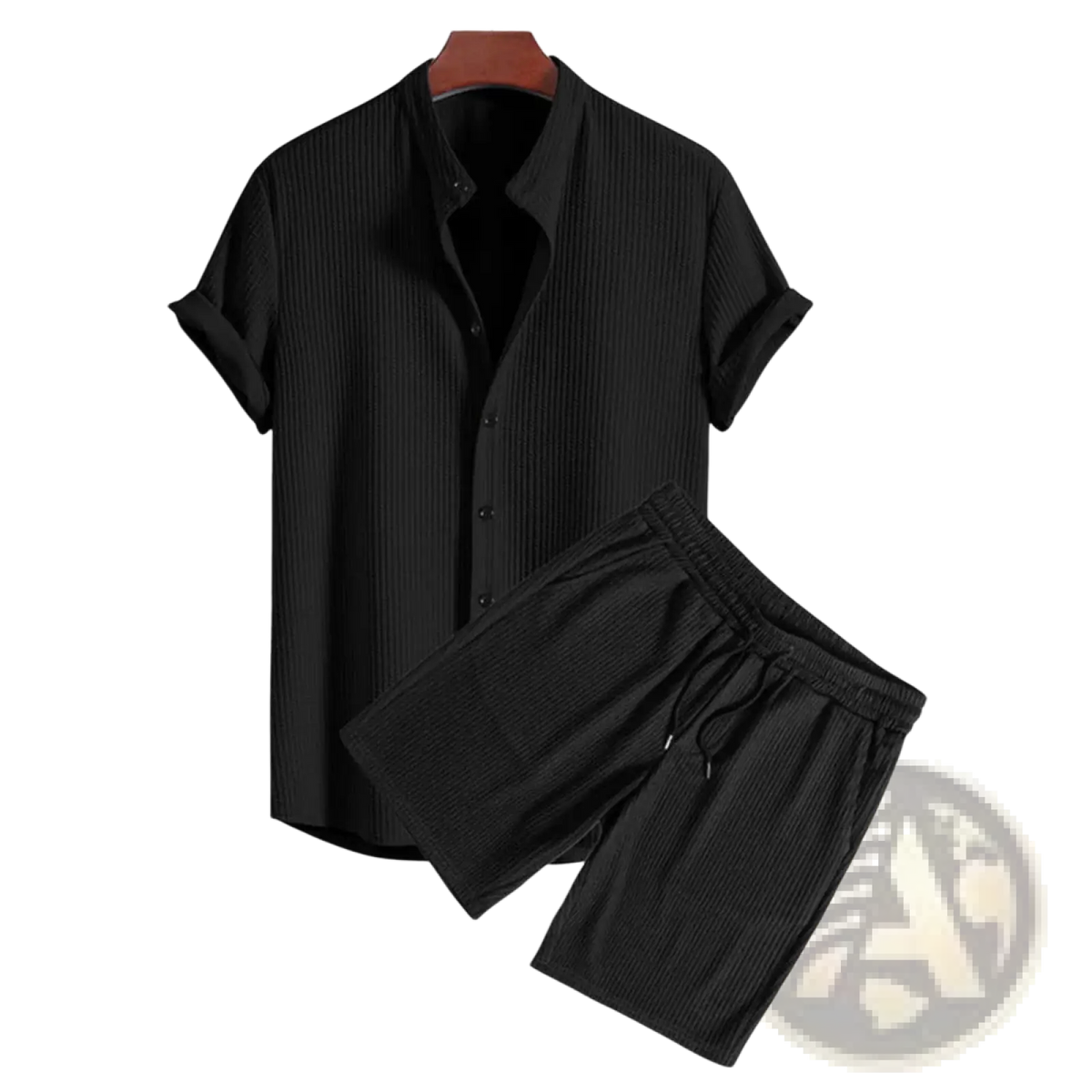 Men ribbed matching short set in black with short sleeves and subtle vertical ribbed texture made from soft fabric
