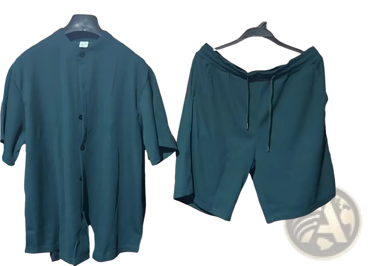 Dark green short-sleeved ribbed button-up shirt with mandarin collar hanging on black hanger from men ribbed matching short set