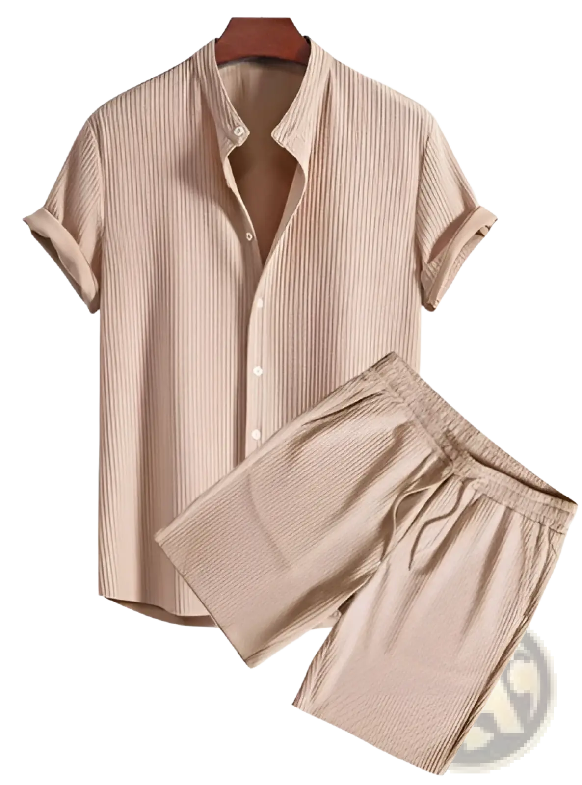 Men ribbed matching short set in beige cotton featuring a short-sleeve button-up shirt and matching shorts
