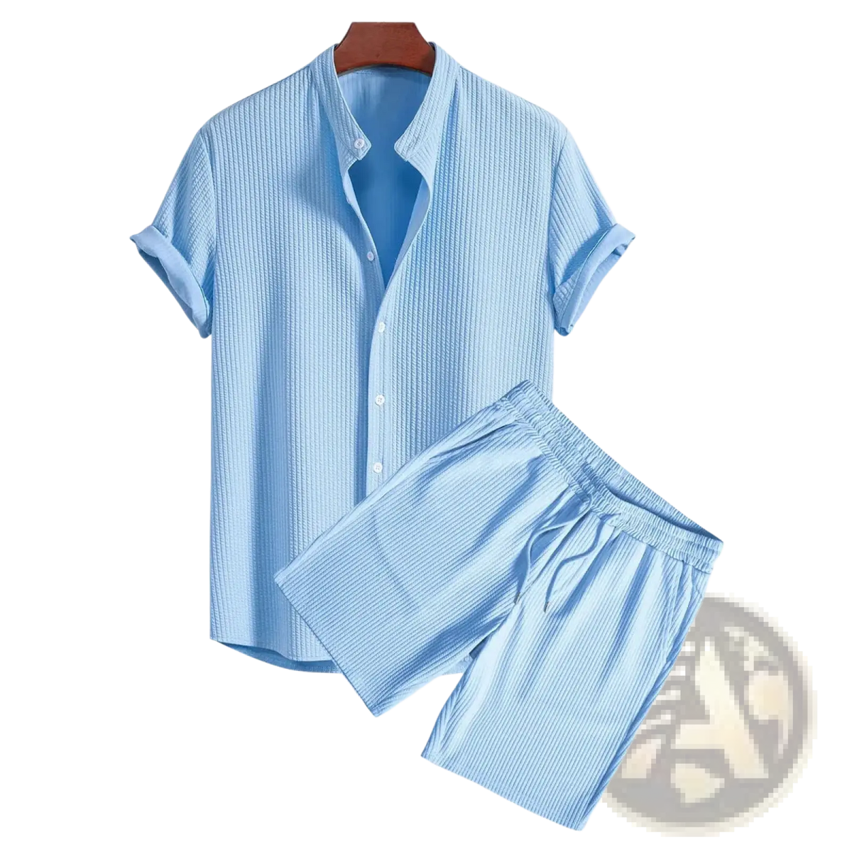 Men ribbed matching short set in light blue ribbed cotton featuring a short-sleeve shirt and shorts